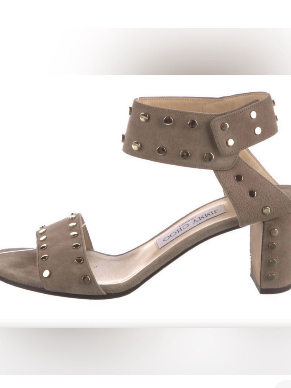 Jimmy Choo taupe suede block heel sandals sz 6.5